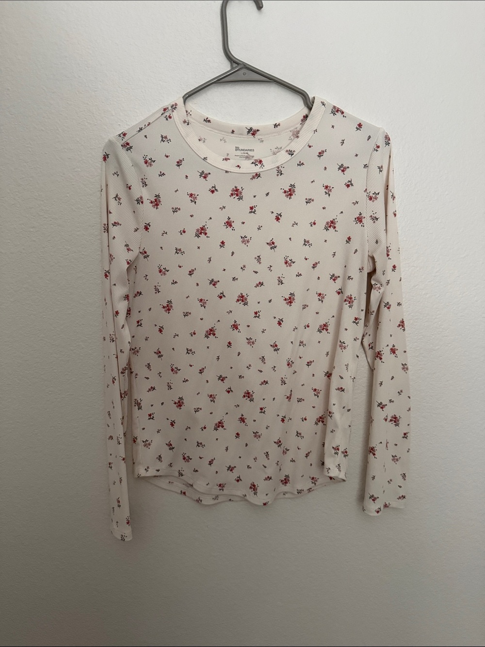 No Boundaries Cream Long-Sleeve Tee with Red Floral Print